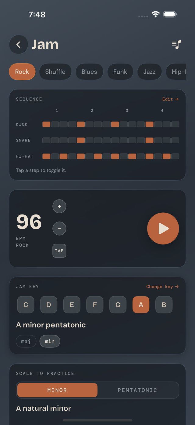 Lazy Lopez: Bass jam screen with a Rock backing track, drum sequencer, tempo, and key selector