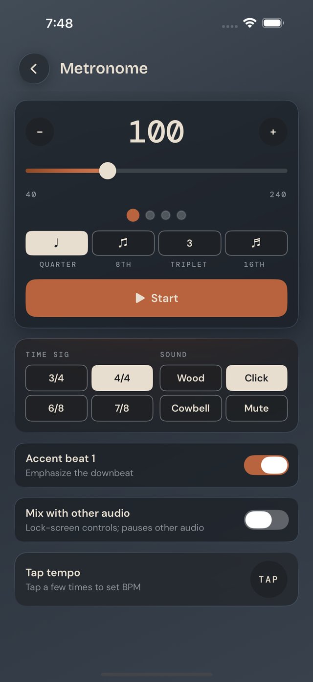 Lazy Lopez: Bass metronome set to 100 BPM with time signature and sound options