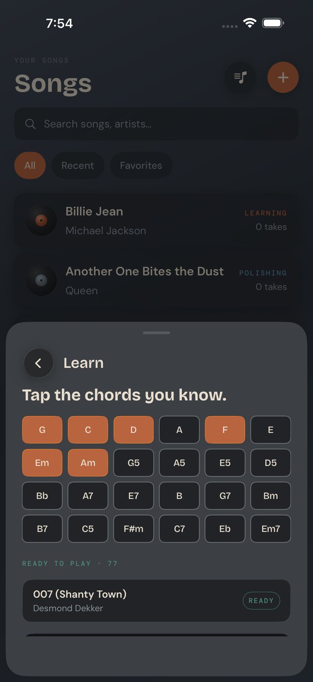 Lazy Lopez: Bass songs library showing saved songs with their learning status