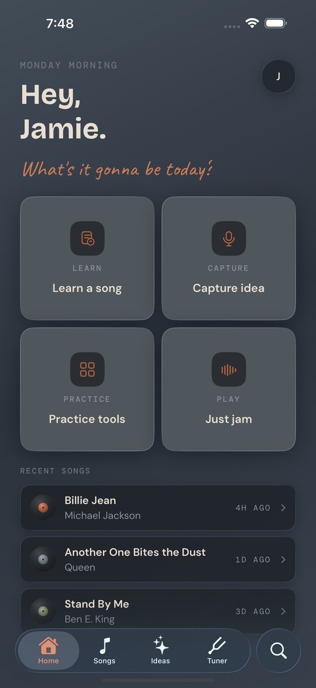 Lazy Lopez: Bass home screen showing quick actions for Learn, Capture, Practice, and Jam, plus a recent songs list