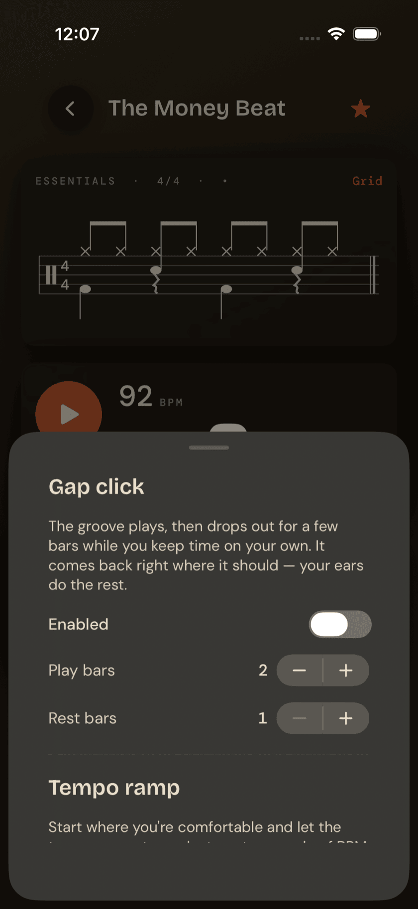 The gap click practice sheet, with play-bars and rest-bars steppers
