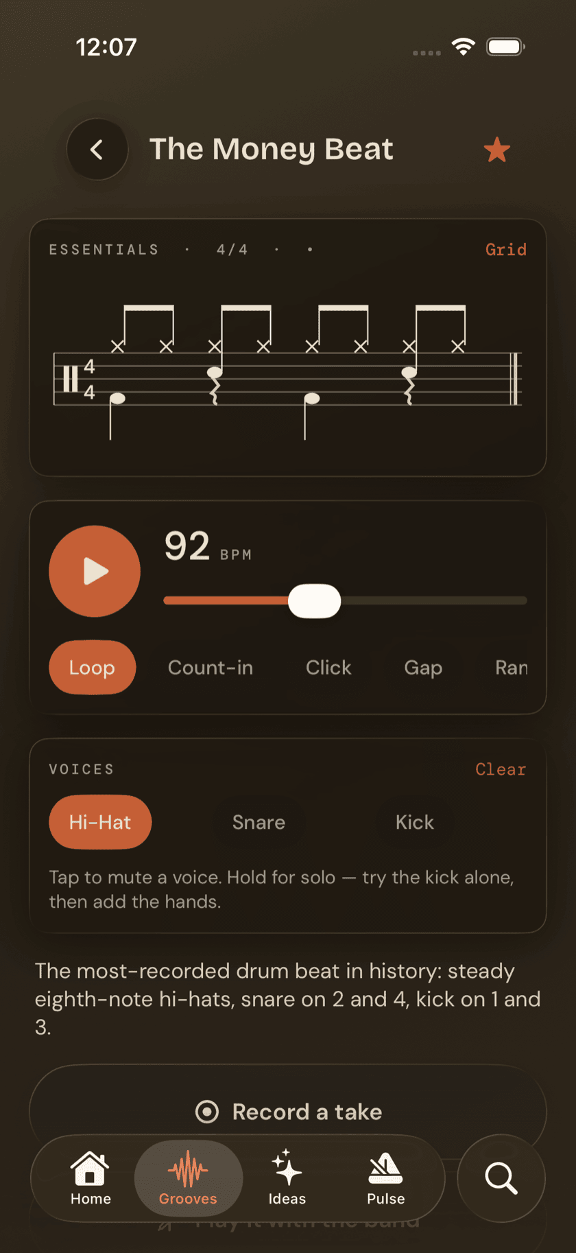 The voices card on a groove detail page, with voices muted and soloed