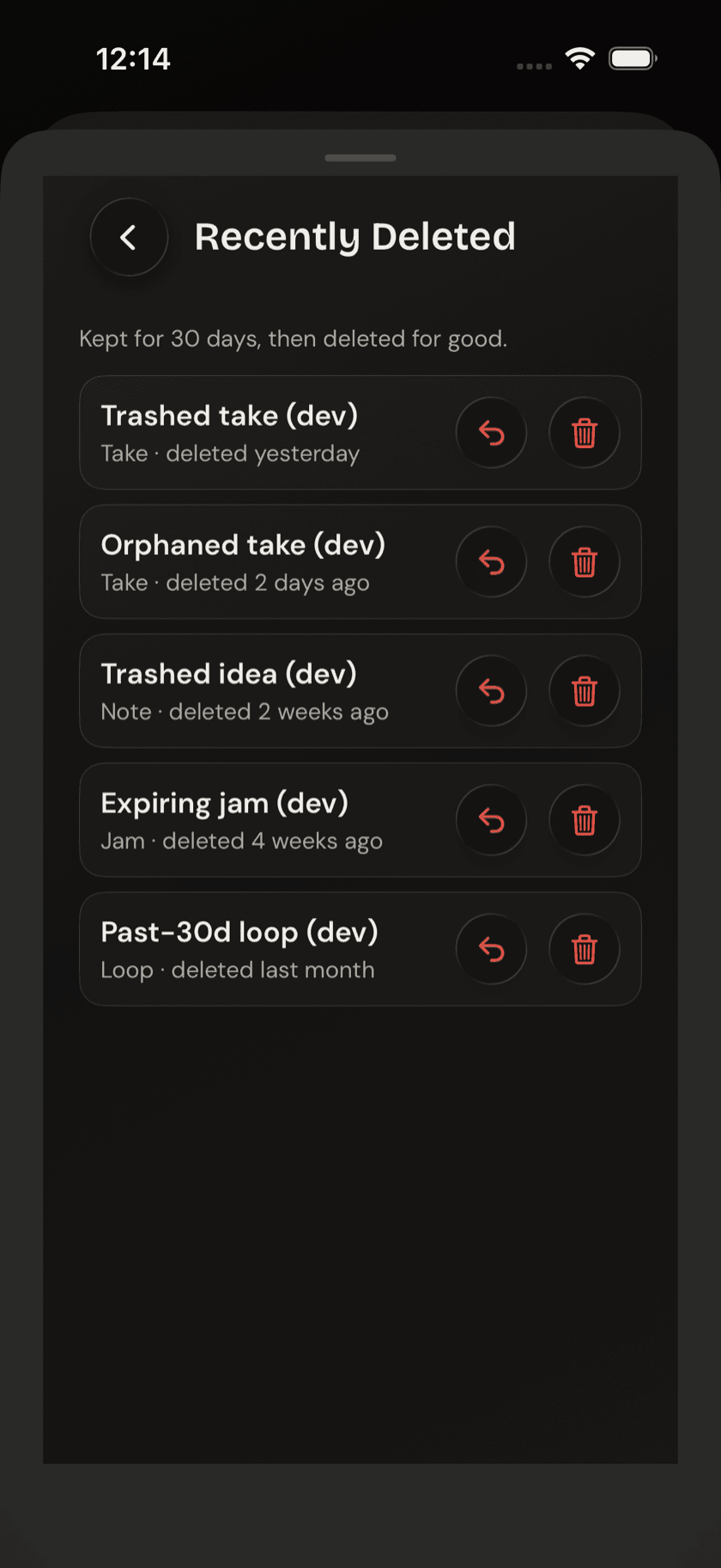 Lazy Lopez: Drums Settings, Recently Deleted list