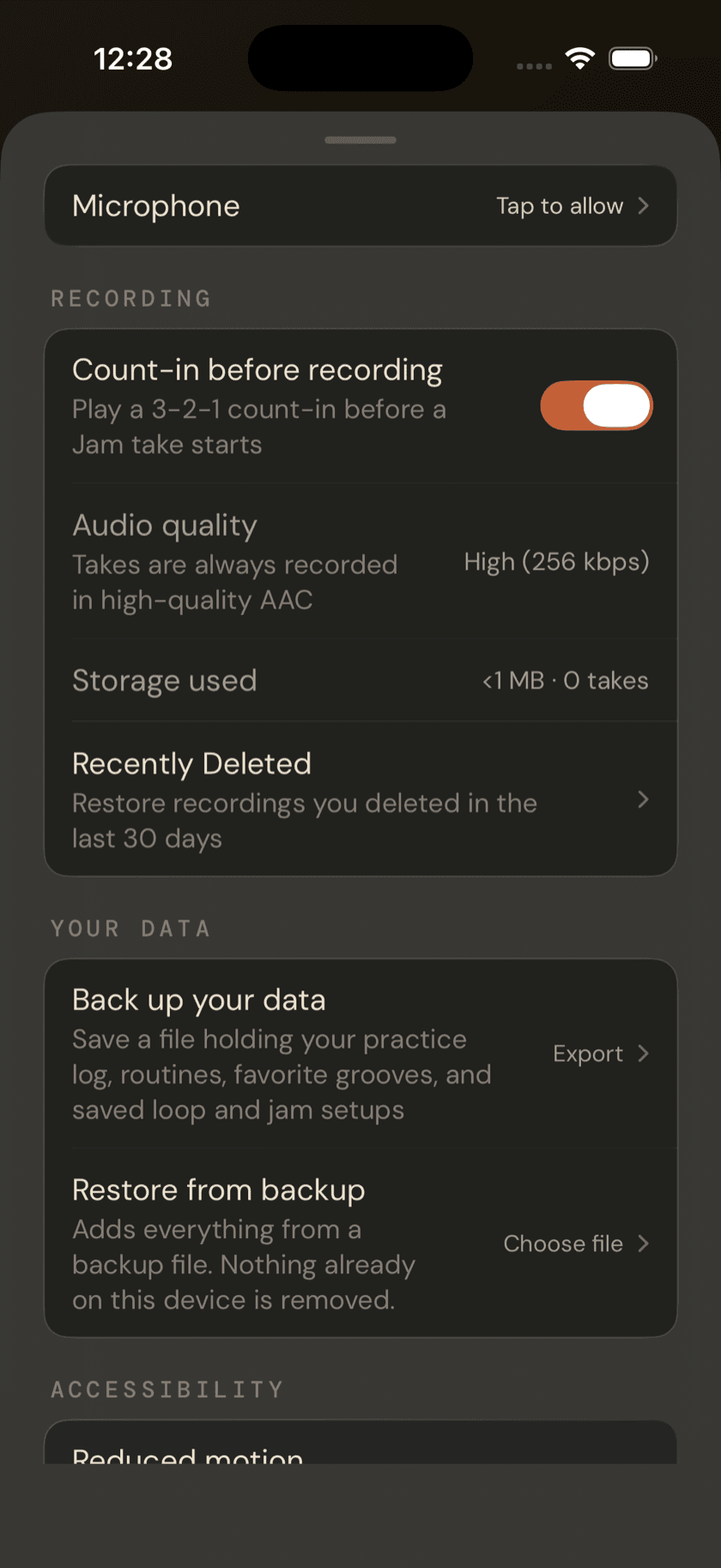 Lazy Lopez: Drums Settings, Your data section, showing Back up your data and Restore from backup
