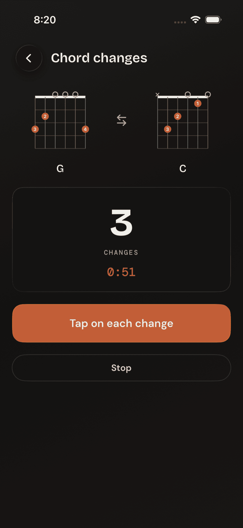 Chord Change Trainer running, with a tap counter and last-score comparison