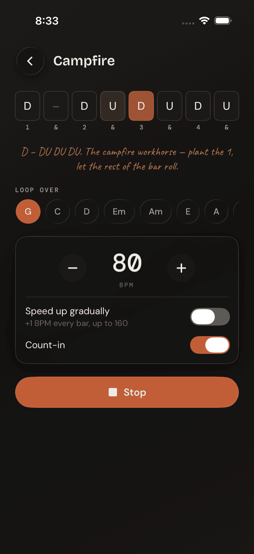 Pattern player mid-loop, with tempo slider and speed-up-gradually toggle visible