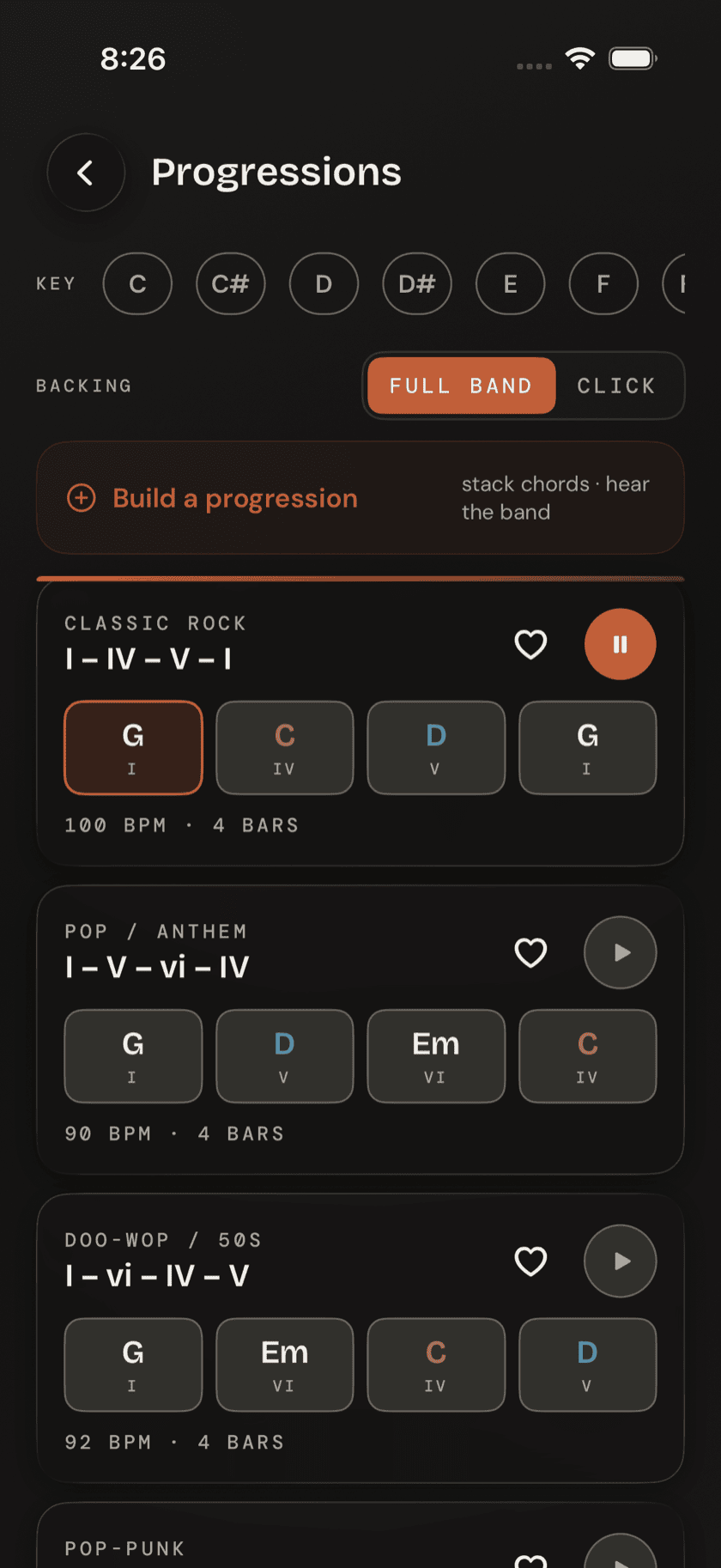 Progression practice screen for a 12-bar blues, showing the NOW badge active mid-chord