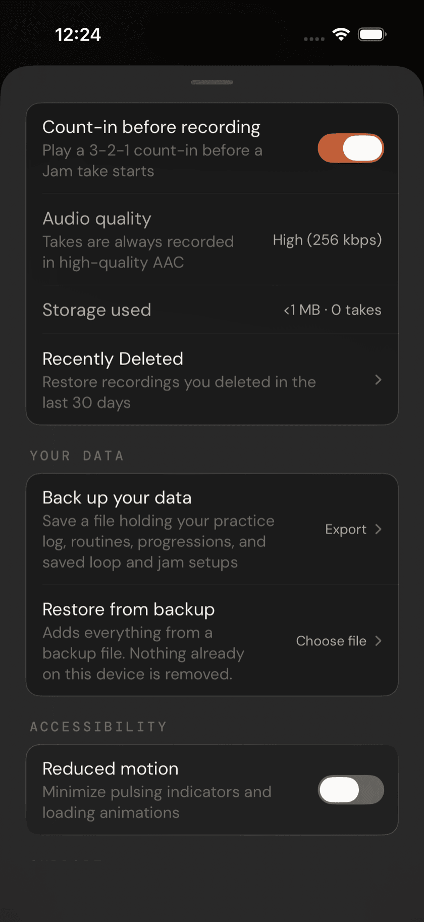 Settings sheet, Your data section, showing Back up your data and Restore from backup