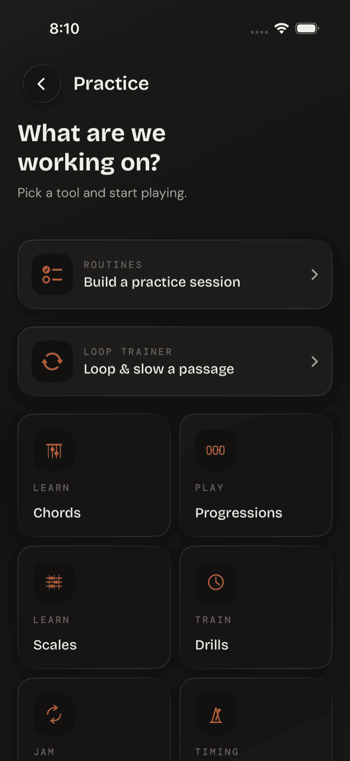 Lazy Lopez: Guitar practice screen showing routines, the loop trainer, and tools — chords, scales, drills, and progressions