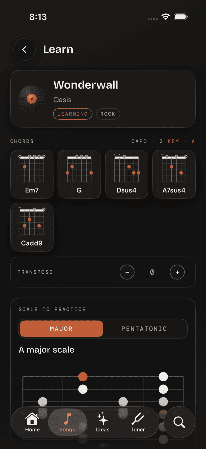 Lazy Lopez: Guitar song view showing chord diagrams and scale