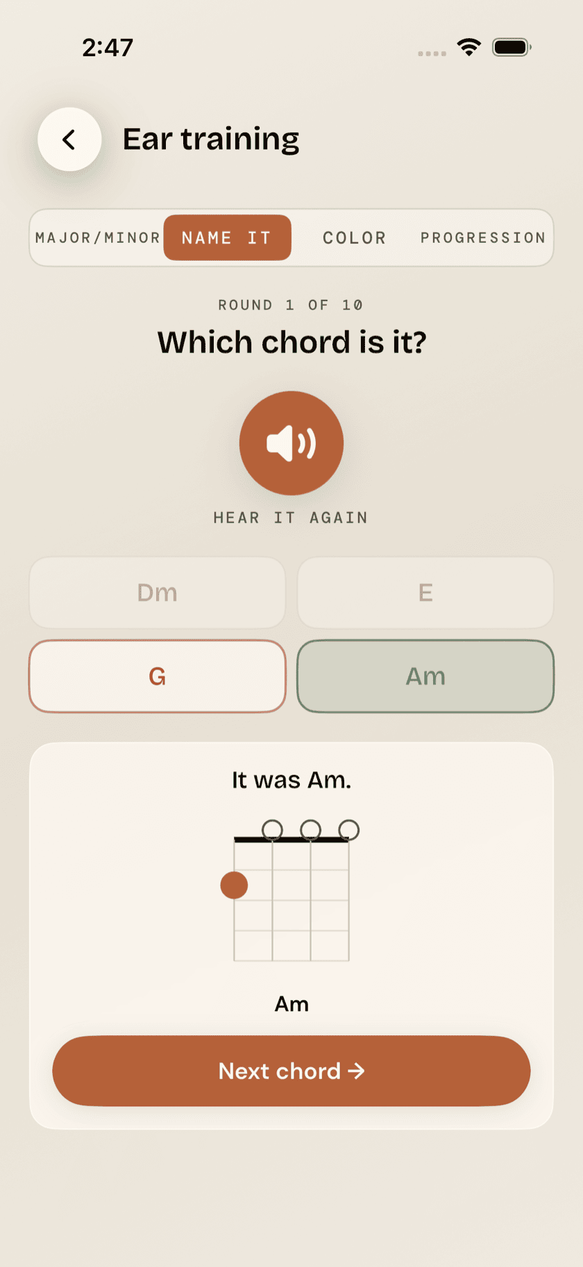 Practice Hub, Ear Training, Name it mode, answer revealed with four-string fingering diagram