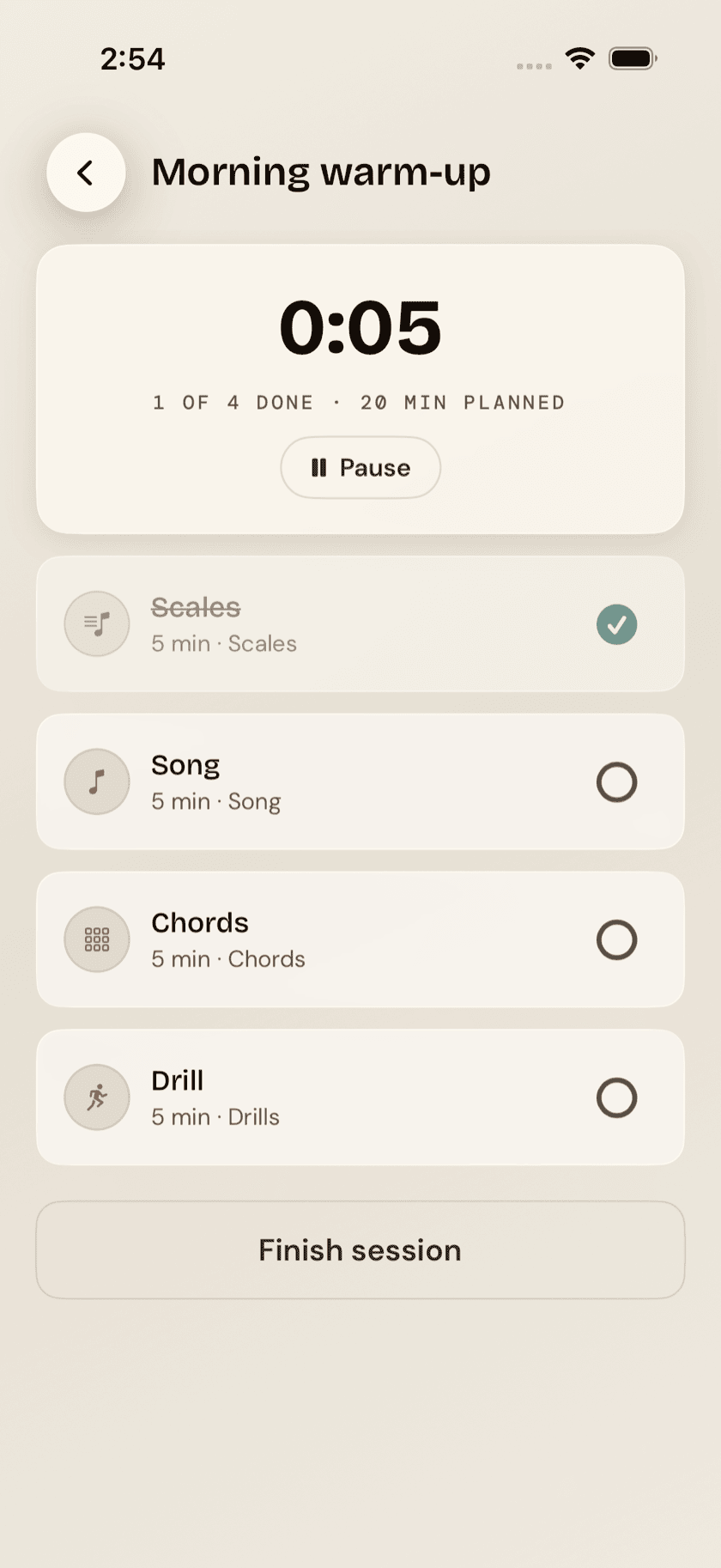Routine Runner checklist mid-session with timer running and one step checked off, Sand theme