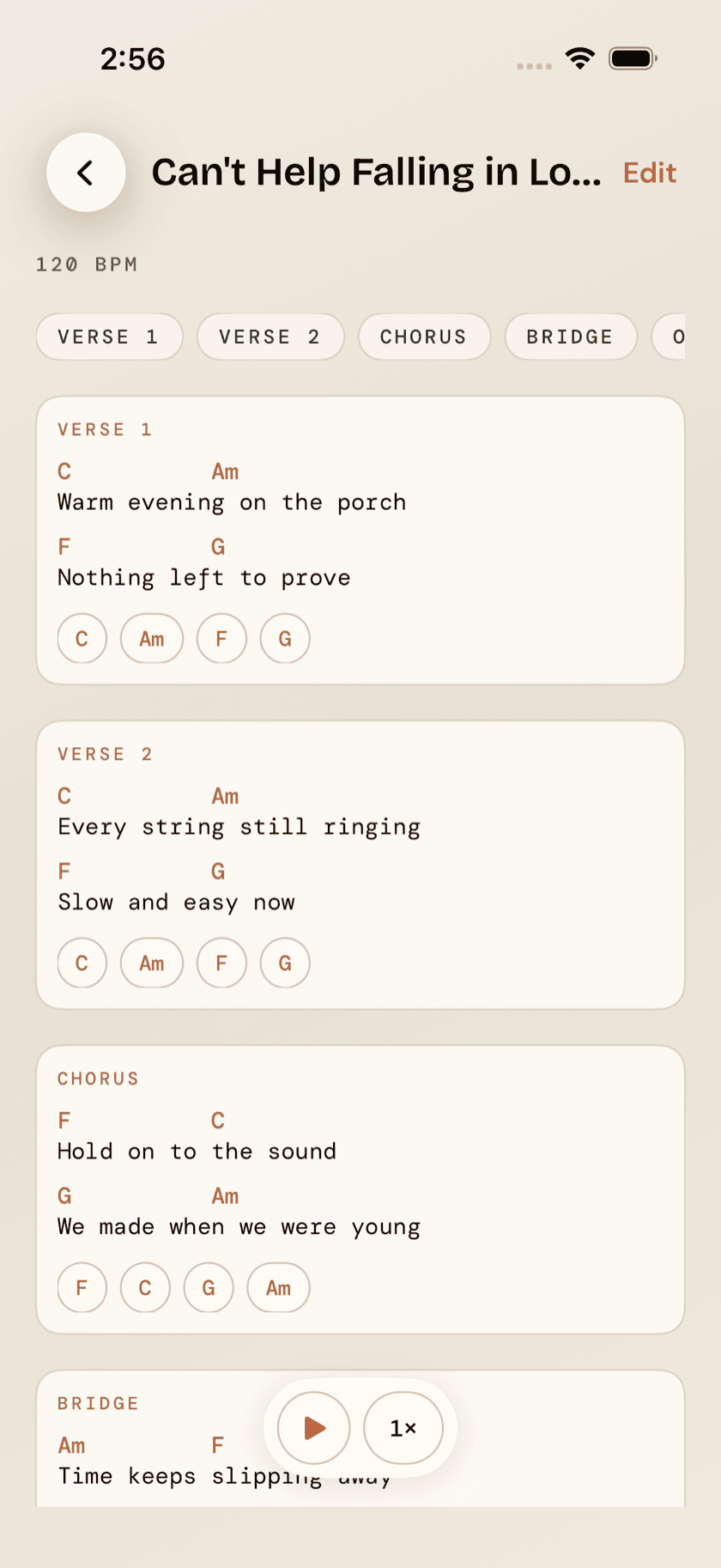 Lazy Lopez: Ukulele song detail, imported chord sheet with teleprompter controls, Sand theme