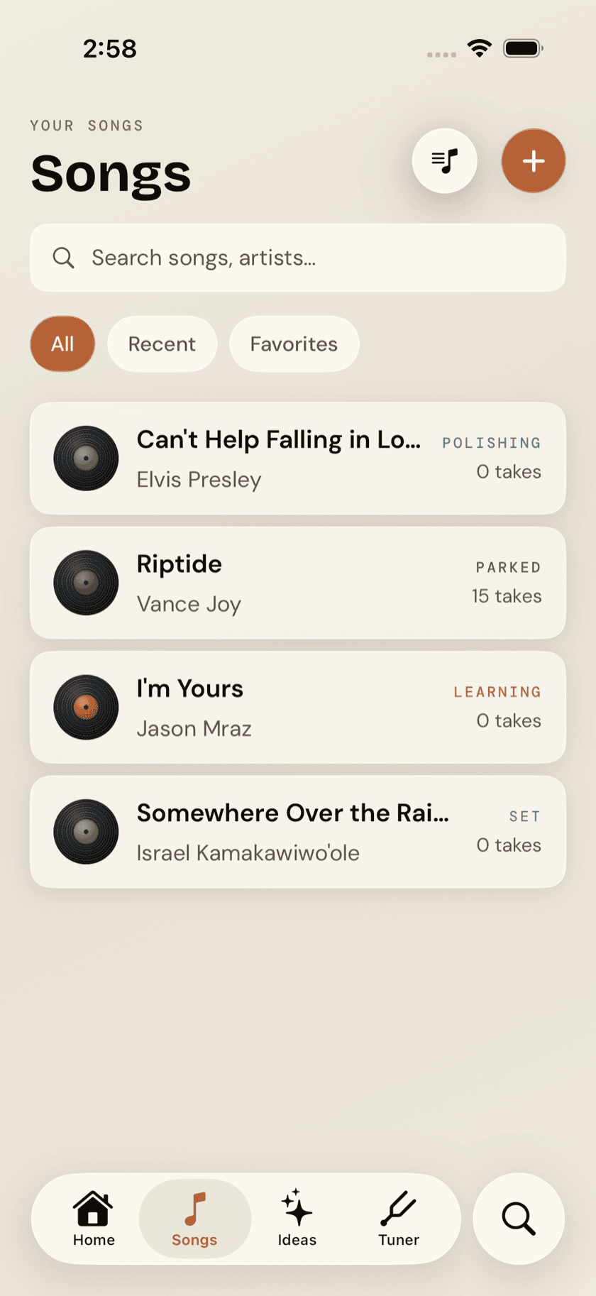 Lazy Lopez: Ukulele Songs tab, library list with filter pills, several songs, Sand theme